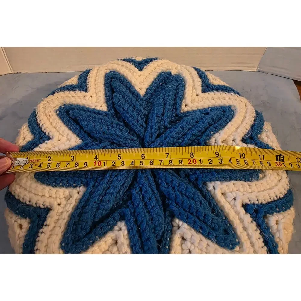 Vintage Crochet Round Pillow Pair Blue Cream Starburst Granny Handmade 3D